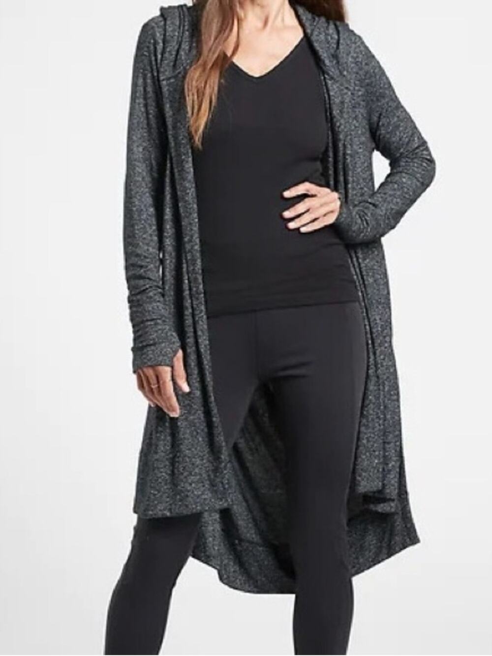 Athleta Harmony Wrap Hoodie Duster Cardigan Gray Black Open Front Size Small